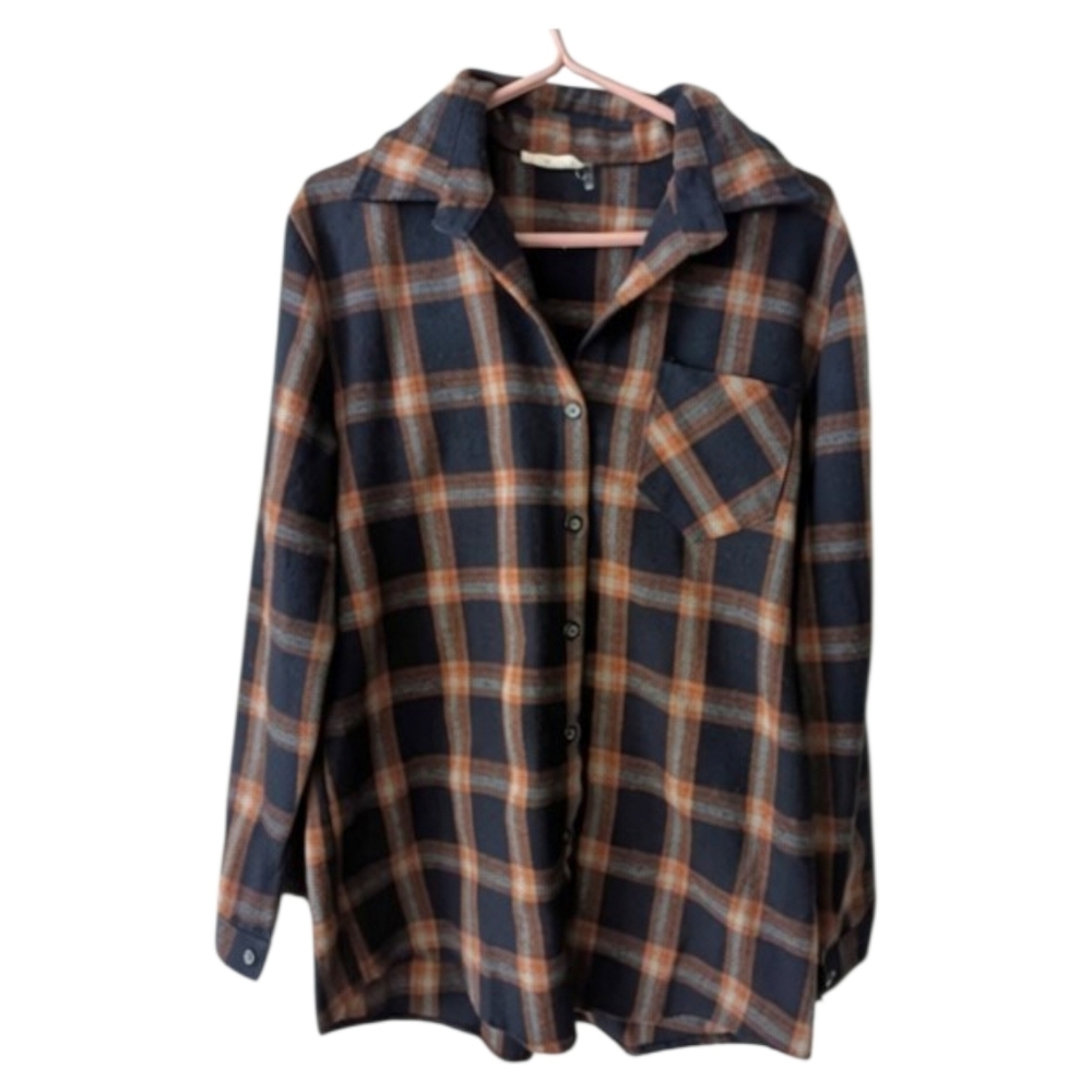 ADORA 90s Grunge Women's Shacket L Orange Blue Plaid Oversized Cottage
